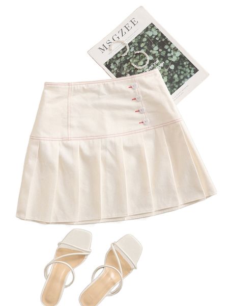 

button detail pleated hem skirt 642t#, Black
