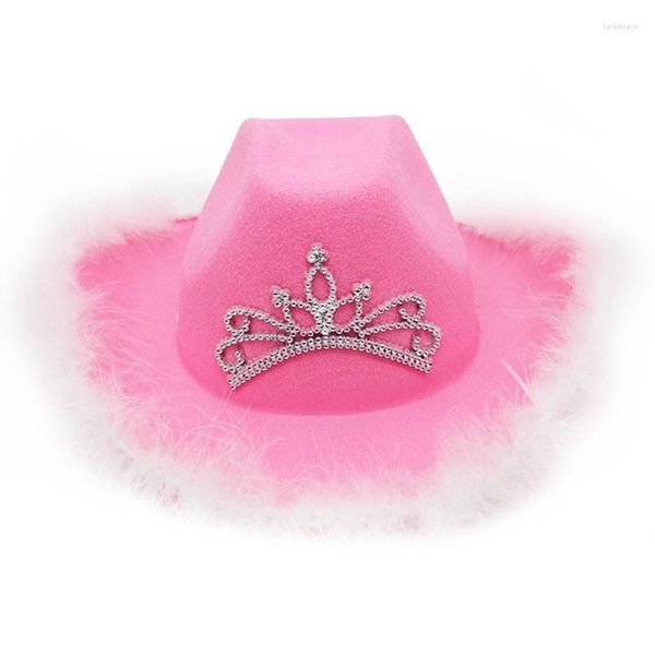 Baskenmützen, westliche rosa und weiße Cowgirl-Hüte, breite Krempe, Tiara-Dekorationen, gerollt, Zubehör für Party, Brautkostüm, Requisiten, Teenager, Kinder