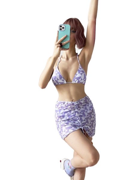 

3pack geo graphic triangle bikini swimsuit & beach skirt h9o6#, White;black