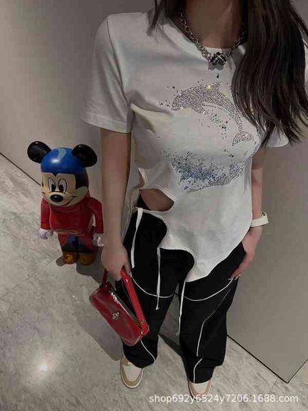 

women's t-shirt spring and summer niche heavy industry shark drill t-shirt full of three-dimensional feeling, side strap design, slim h, White