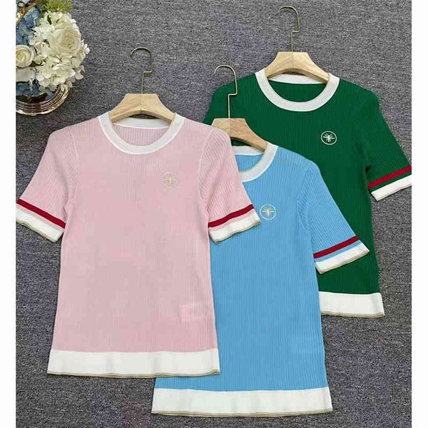 

women's knits tees 16 needle honey bee gold thread embroidery round neck short sleeve color matching tencel nami sweater aging mulberry, White