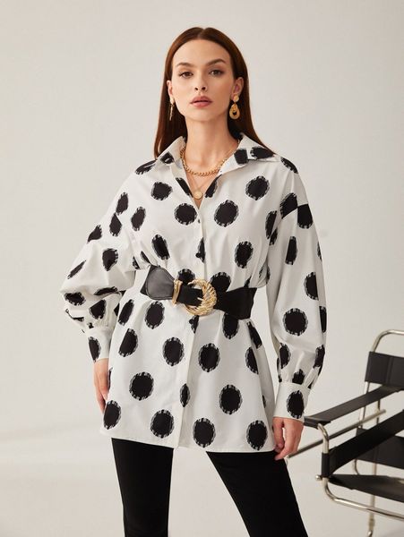 

dot print drop shoulder blouse without belt c37z#, White