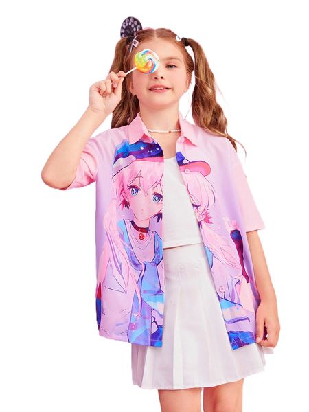 

girls figure graphic button front shirt j7rj#, Black;white