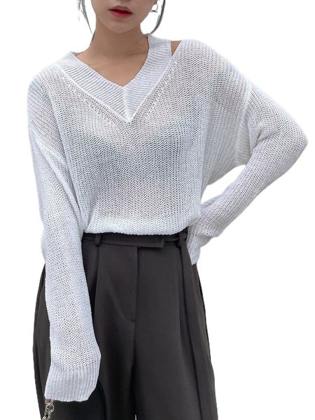 

dazy cut out split hem drop shoulder sweater without bra f7t4#, White;black