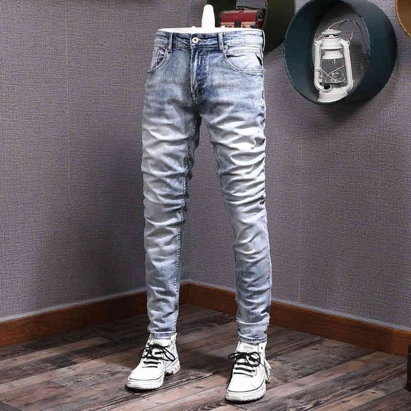

men's jeans fashion nostalgic washing trend slim fitting legged jeans for young men classic versatile elastic trendy pants 1z62, Blue