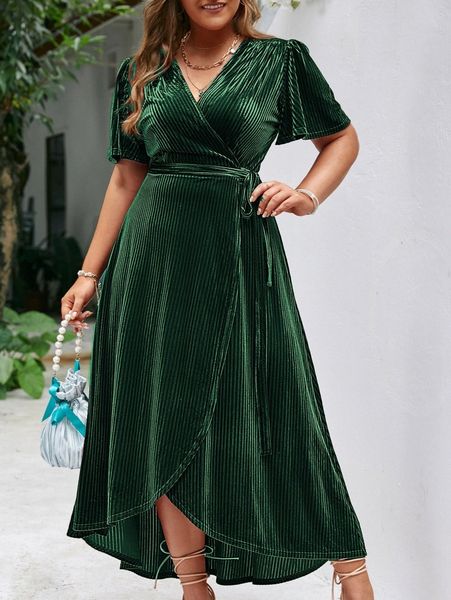 

plus flutter sleeve tie side wrap velvet dress w9eb#, Black