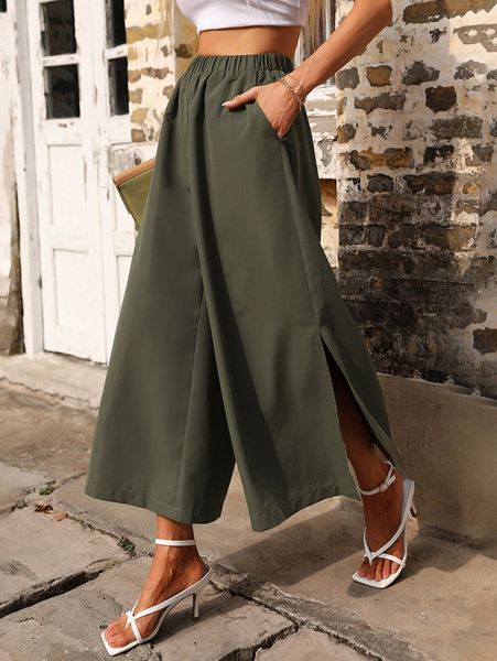 

slit hem solid wide leg pants t8ye#, Black;white