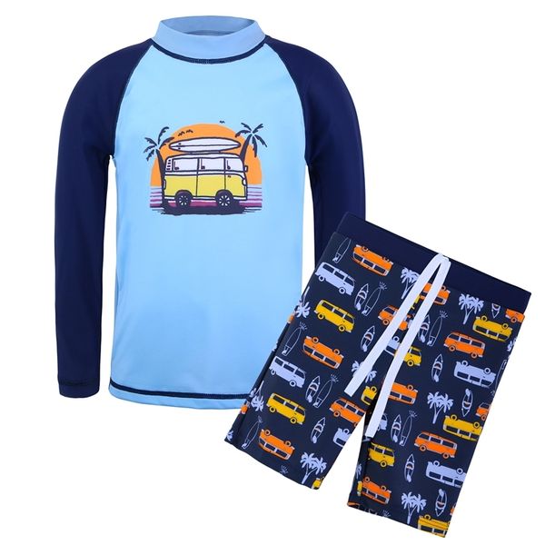 BAOHULU Langarm-Badeanzug für Kinder, blaues Auto, Badebekleidung, zweiteilig, Sport-Stil, Badeanzug, UPF 50+, Strandmode, 220426