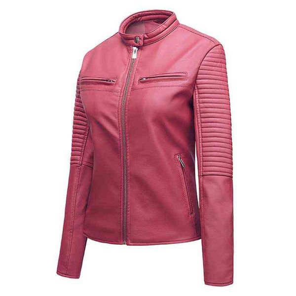 

2021 fashion women faux leather biker jacket solid color slim ladies coats casual zipper motorcycle leather outwear wf162 l220728, Black