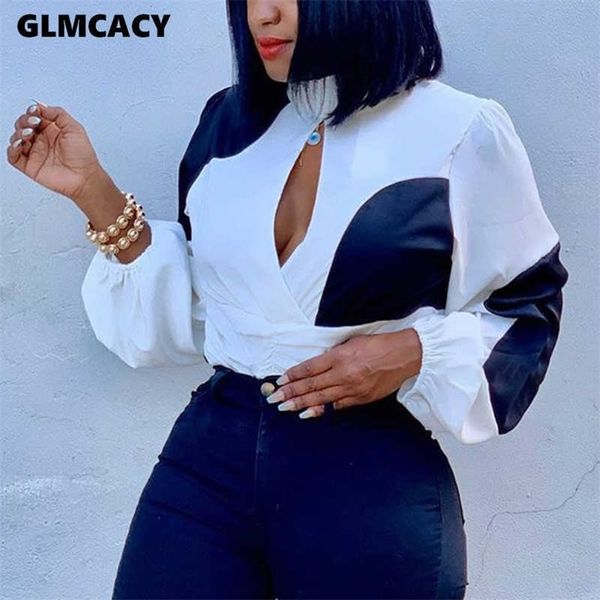 

women long lantern sleeve short patchwork cut out blouse shirt chic high street club party shirts 210702, White