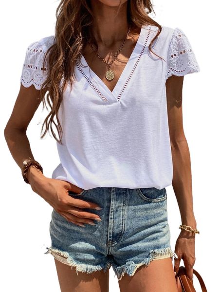 

solid eyelet embroidery puff sleeve tee f9fg#, White