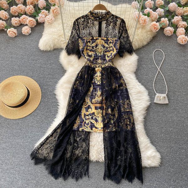 

casual dresses spring and summer french vintage maxi dress sundress ladies long sleeve orange polka dot chiffon pleated femme robe bohemia b, Black;gray