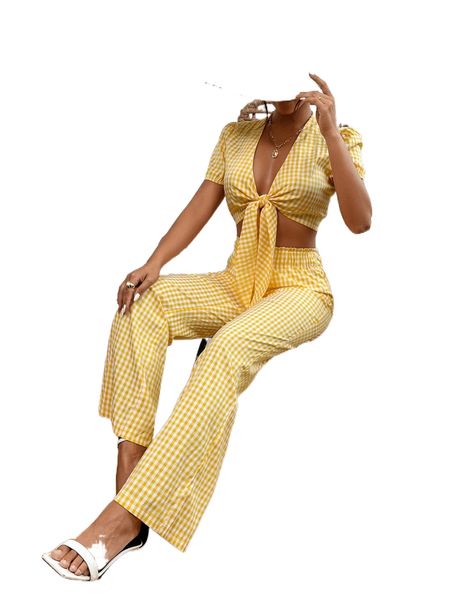 

gingham knot front crop & wide leg pants f1kn#, White