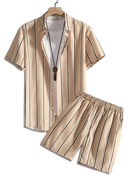 

men random vertical striped shirt & drawstring waist shorts without tee w50v#, Gray