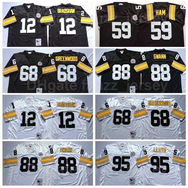 

retro ncaa football vintage 68 l.c greenwood jerseys 12 terry bradshaw 59 jack ham 88 lynn swann 95 greg lloyd black white
