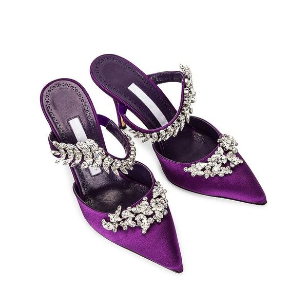 Elbise ayakkabıları fransız yüksek topuklu ayak ayak parmağı stiletto rhinestones yarı sürükleme boyutu sandaletler ziyafet düğün bayan ayakkabıları