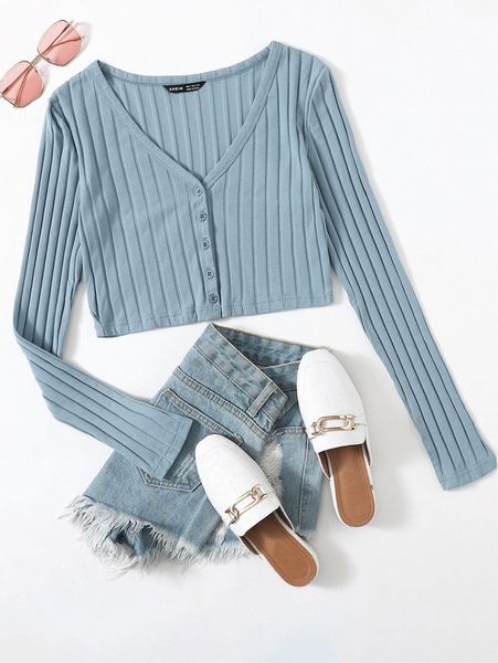 

v neck button front ribbed i51d#, White