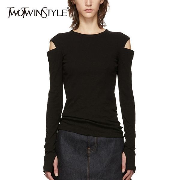 

twotyle casual women t-shirt o neck long sleeve hollow out off shoulder slim t shirt female fashion clothing 220322, White