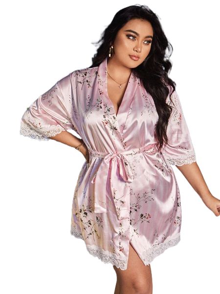 

plus floral print contrast lace trim belted satin robe 916a#, Black;white