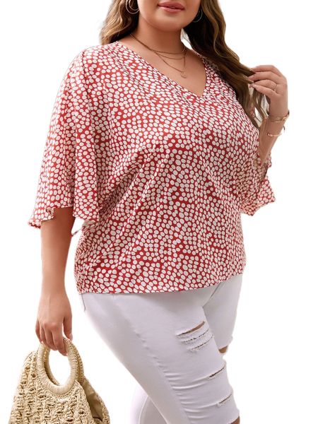 

plus allover print batwing sleeve blouse k9qz#, Black