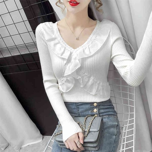 

jxmyy autumn western style all-match ruffled long-sleeved t-shirt slim slimming bottoming shirt women 210412, White;black