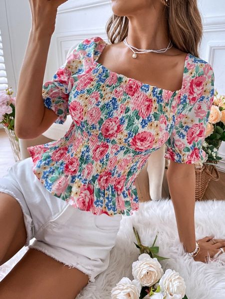 

floral print shirred puff sleeve peplum blouse k5md#, White