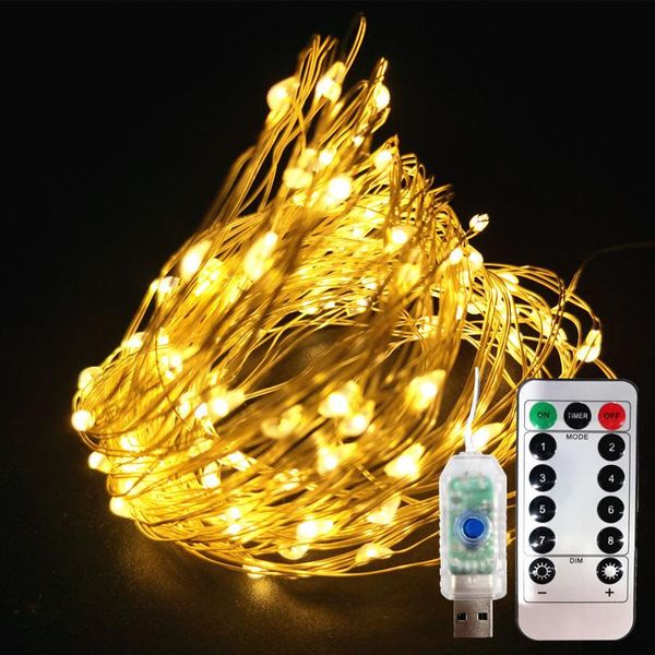 Stringhe LED String Light 5 / 10M / 20M 50/100 / 200LED USB 8 modalità Luci di controllo remoto Ghirlande di fate Matrimonio Natale Decorazioni per le vacanze Lampade LED