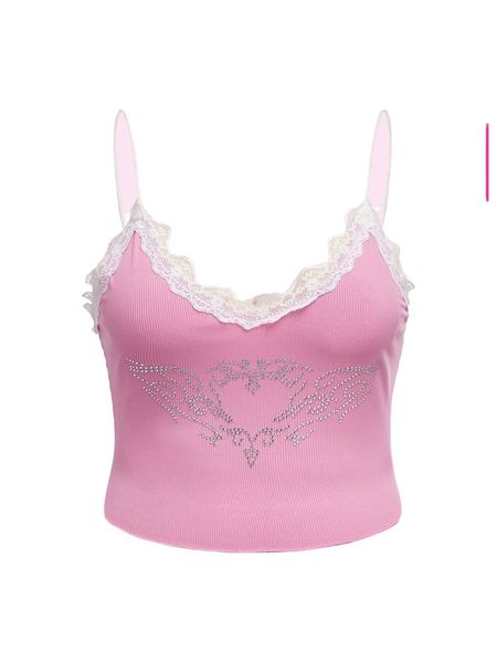 

plus contrast lace rhinestone rib-knit cami c28q#, Black