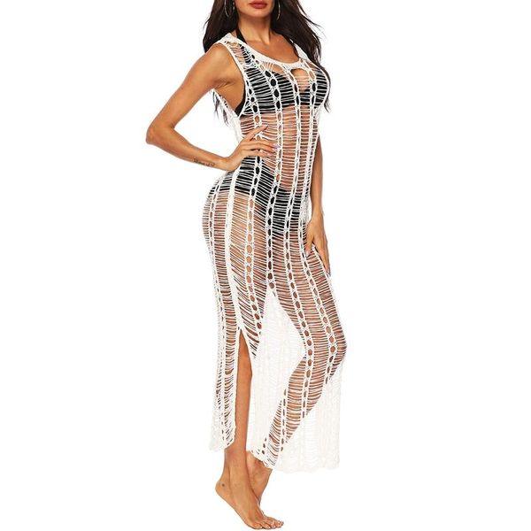 

women's swimwear fashion women summer casual beachwear solid color hollow out split sleeveless long cover up soft and comfortable, White;black