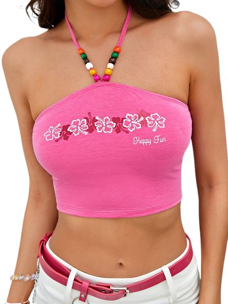 

floral & slogan graphic wooden beaded detail halter 167c#, White