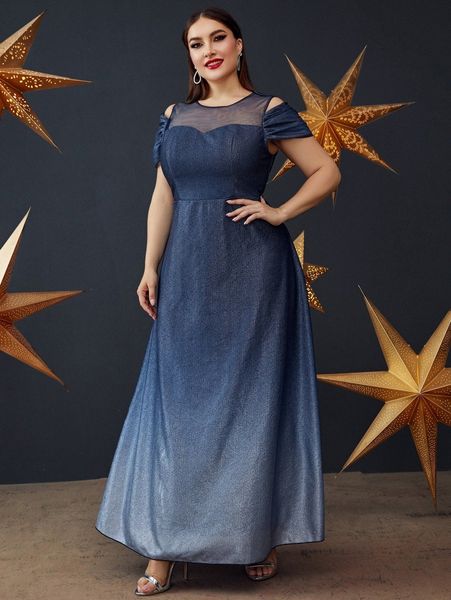 

plus ombre mesh insert cold shoulder dress k9w1#, Black