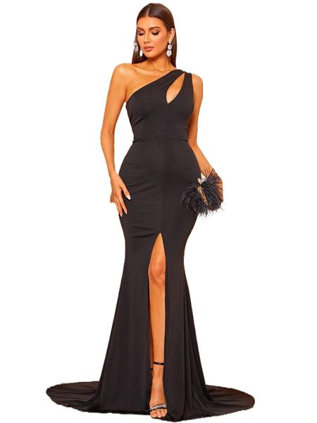 

missord one shoulder split thigh cut-out floor length dress n34d#, Black;gray