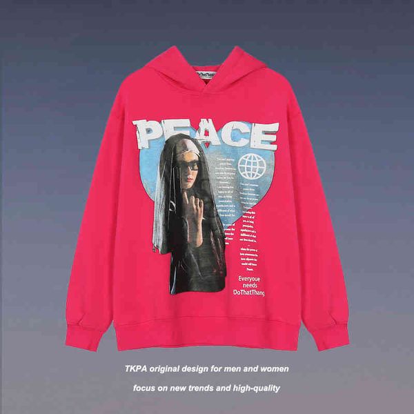 

tkpa hip hop spoof portrait printed hoodie sweatshirt loose thickened sports coat high street dark fashion men and women, Black