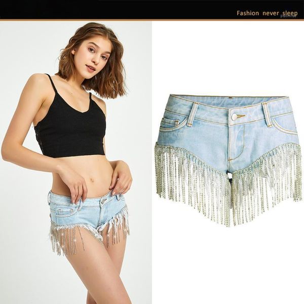 Micro Shorts Jeans Donna Estate Catena Paillettes Nappe Discoteca Sexy Push Up Ladies Denim Short Feminino Strappato Spodenki Damskie Women's