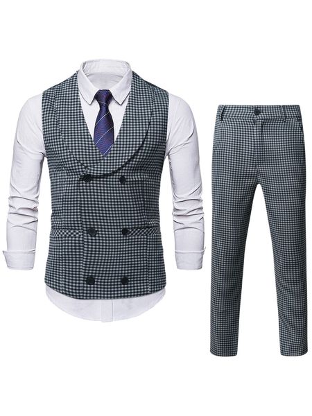 

men 1pc gingham shawl collar vest jacket & 1pc tailored pants o73x#, White;black