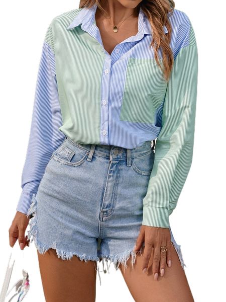 

striped drop shoulder two tone shirt 96ze#, White