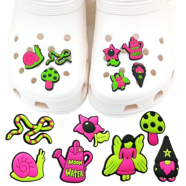 

moq 100pcs garden magic cartoon croc charms 2d soft rubber shoe accessories shoes buckles funny shoe charm decorations for women's sand, White;pink