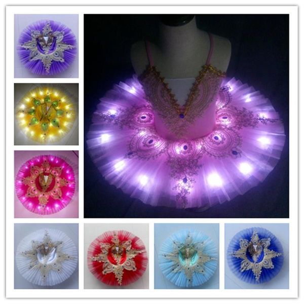 Traje de palco Ruoru Rosa Amarelo Cor Meninas Crianças Crianças Tutu Balé Led Luz Lago dos Cisnes Bailarina Fantasia de Panqueca