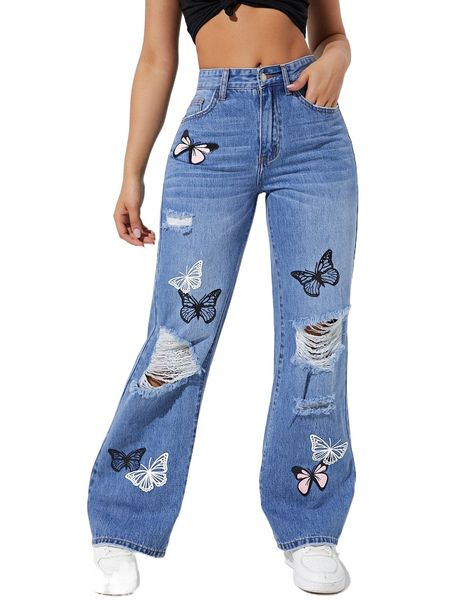 

butterfly print ripped straight leg jeans g7hb#, Blue
