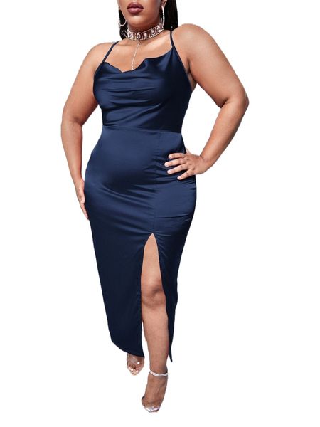 

sxy plus draped collar slit thigh lace up backless satin cami dress 887h#, Black