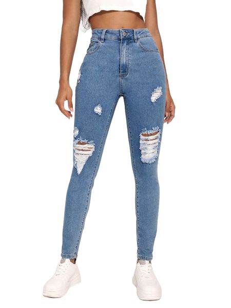 

high stretch ripped skinny jeans with chain f9m1#, Blue