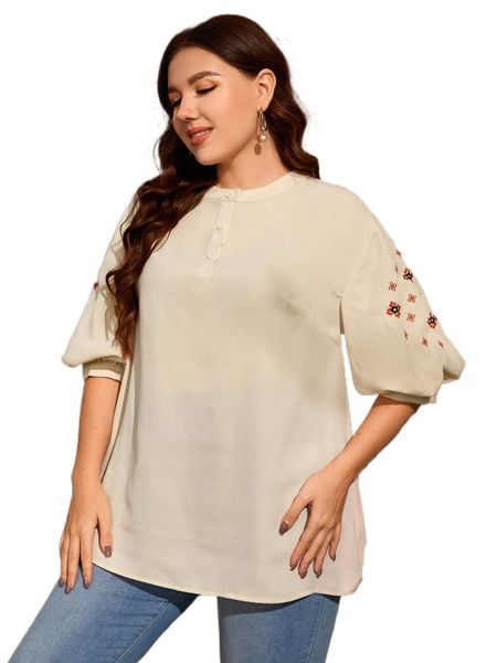 

plus floral embroidery lantern sleeve blouse u50j#, Black