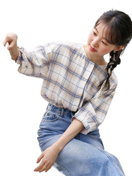 

dazy plaid button front drop shoulder blouse h29b#, White