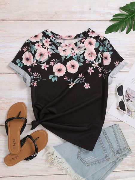 

floral print round neck tee a2wk#, White