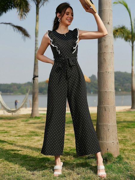 

confetti heart print ruffle trim belted jumpsuit g6b8#, Black;white