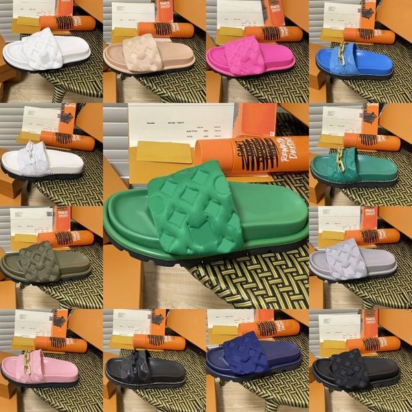 

ups 2022 platform pool pillow slippers mules women men slip on sandals beach slides adjustable thick bottom sunset flats outsole quilted cha, Black