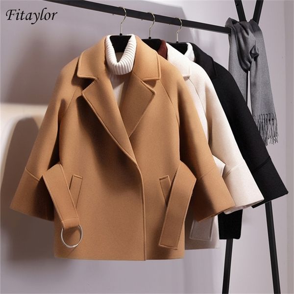 

fitaylor women loose short woolen coat spring winter female cloak with belt woolen jackets elegant black camel trench outwear 201215