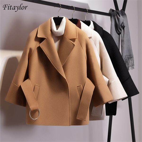 Fitaylor Donna Cappotto di lana corto allentato Primavera Inverno Mantello femminile con cintura Giacche di lana Elegante trench nero cammello Outwear 201215