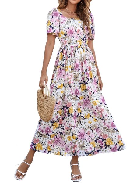

allover floral print square neck butterfly sleeve dress s4sr#, Black;gray