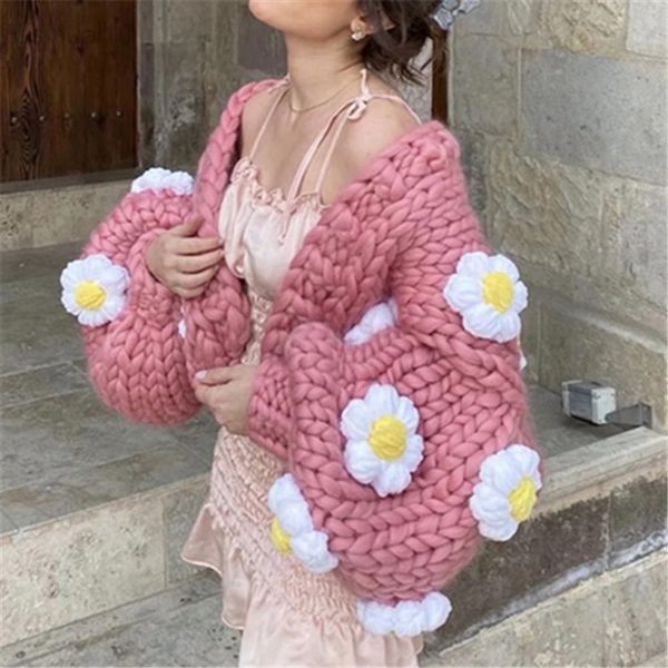 

autumn winter crochet knitted oversize cardigan sweater women floral korean fashion long sleeve jumpers coat loose v neck 2022 l220725, White